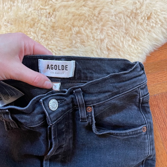 Agolde Nico High Rise Slim Button Fly Black Distressed Jeans - Picture 7 of 10